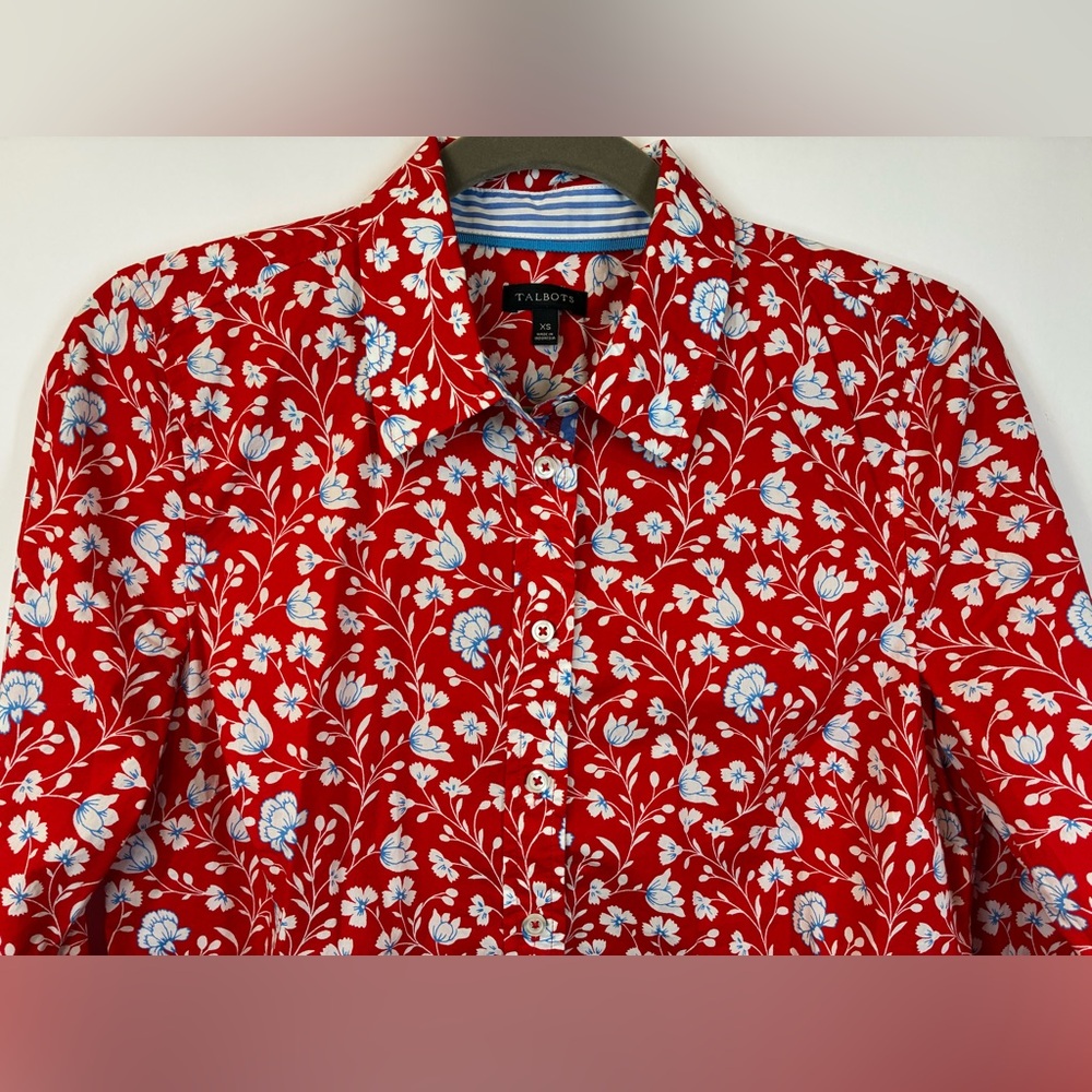 Talbots Floral Button Front Blouse Women’s XS Red White Blue Long Sleeve Classic - Picture 5 of 6